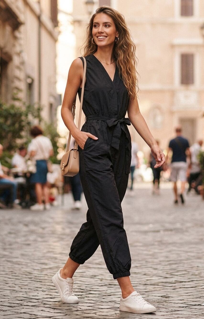 Halara Jumpsuit XS Black V-Neck Sleeveless Belted Jogger Pockets Resort Travel